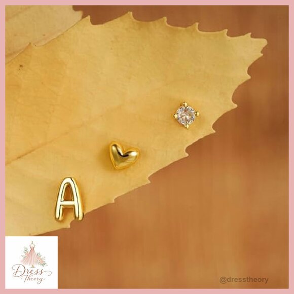 3-Pair 14K Gold Plated Stud Earrings Set with Initial Heart Zircon - Picture 7 of 8